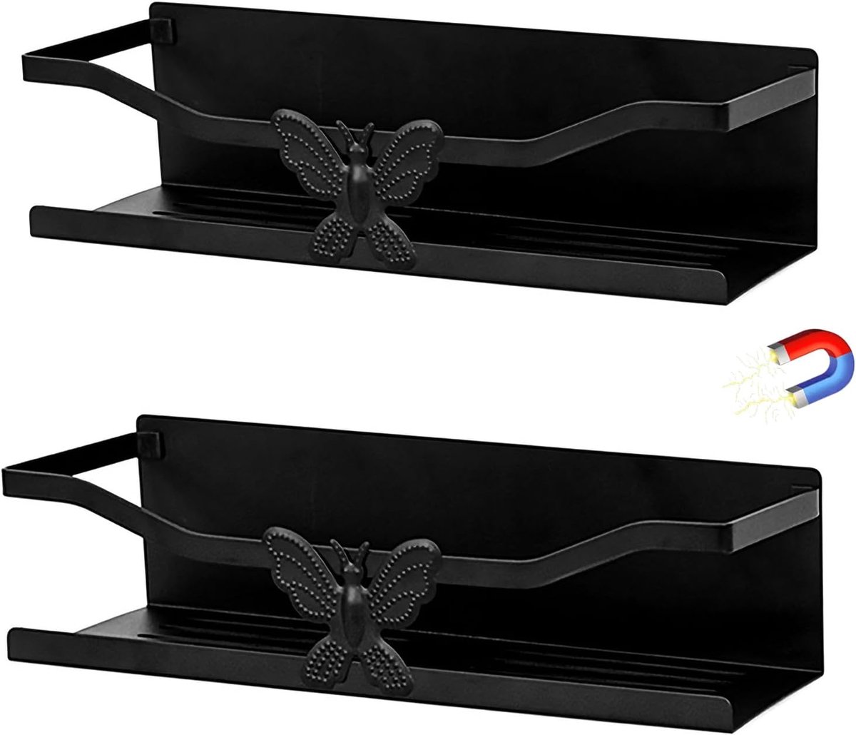 Magnetische Koelkastplanken - Opbergrek Keuken - Boorvrij Ophangen - Koolstofstaal Constructie - 30x10.5x8 cm - Zwart