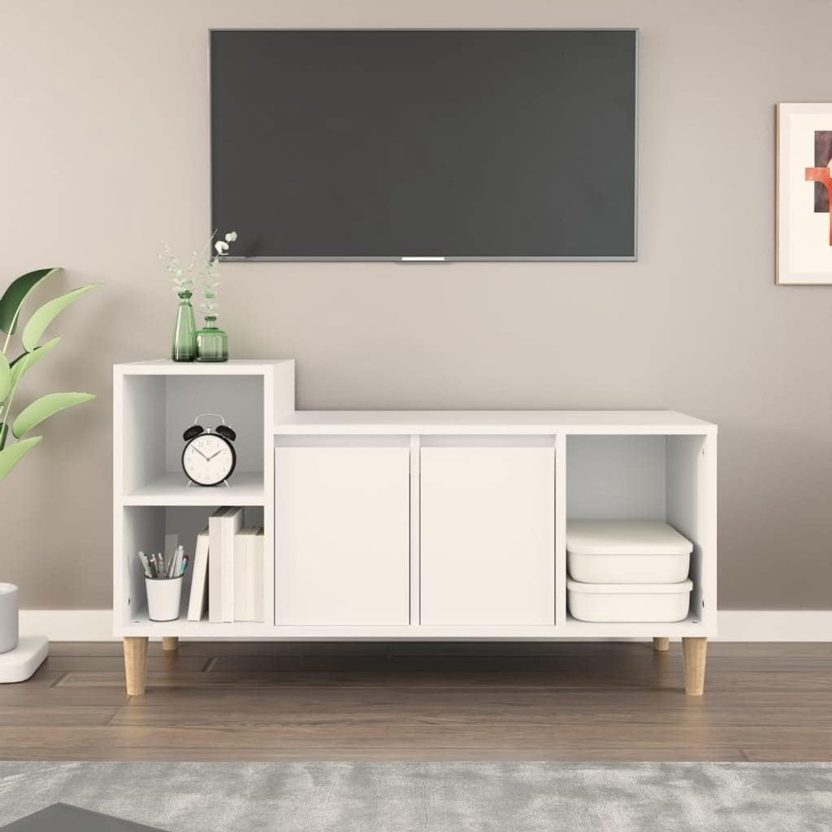 TV Kast - Media Meubel - Opbergen Entertainment - Bewerkt Hout Constructie - 100x35x55 cm - Wit