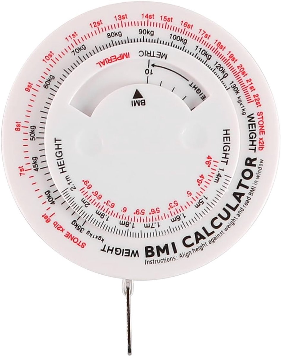 Lichaamsvet Meetlint - Omtrek Meter - Gezondheid Monitoren - Ingebouwde BMI Calculator - 150cm Intrekbaar - Wit