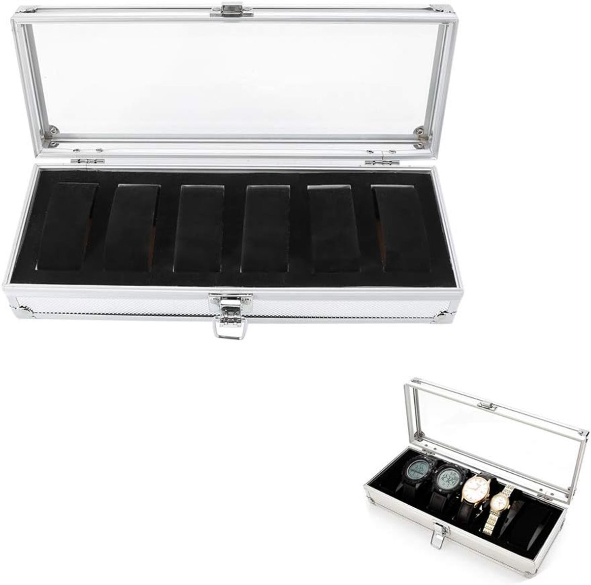 Horlogedoos Aluminium - Horloge Presentatie - Horloge Opslag - 6 Vakken - 26x21x6 cm - Zilverkleurig