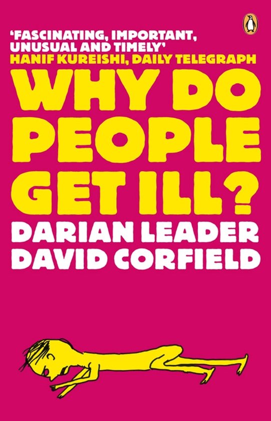 Boekkaft 'Why Do People Get Ill?' met gele tekst op een roze achtergrond. Onder de titel staat een getekend geel poppetje dat ziek op de grond ligt.
