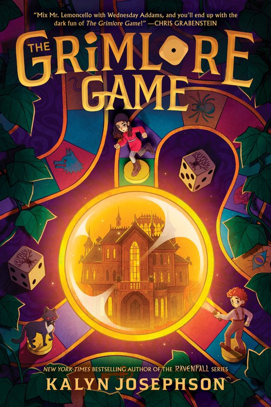 Boekcover: 'The Grimlore Game' met een spookachtig huis in een bubbel, kinderen en een zwarte kat.