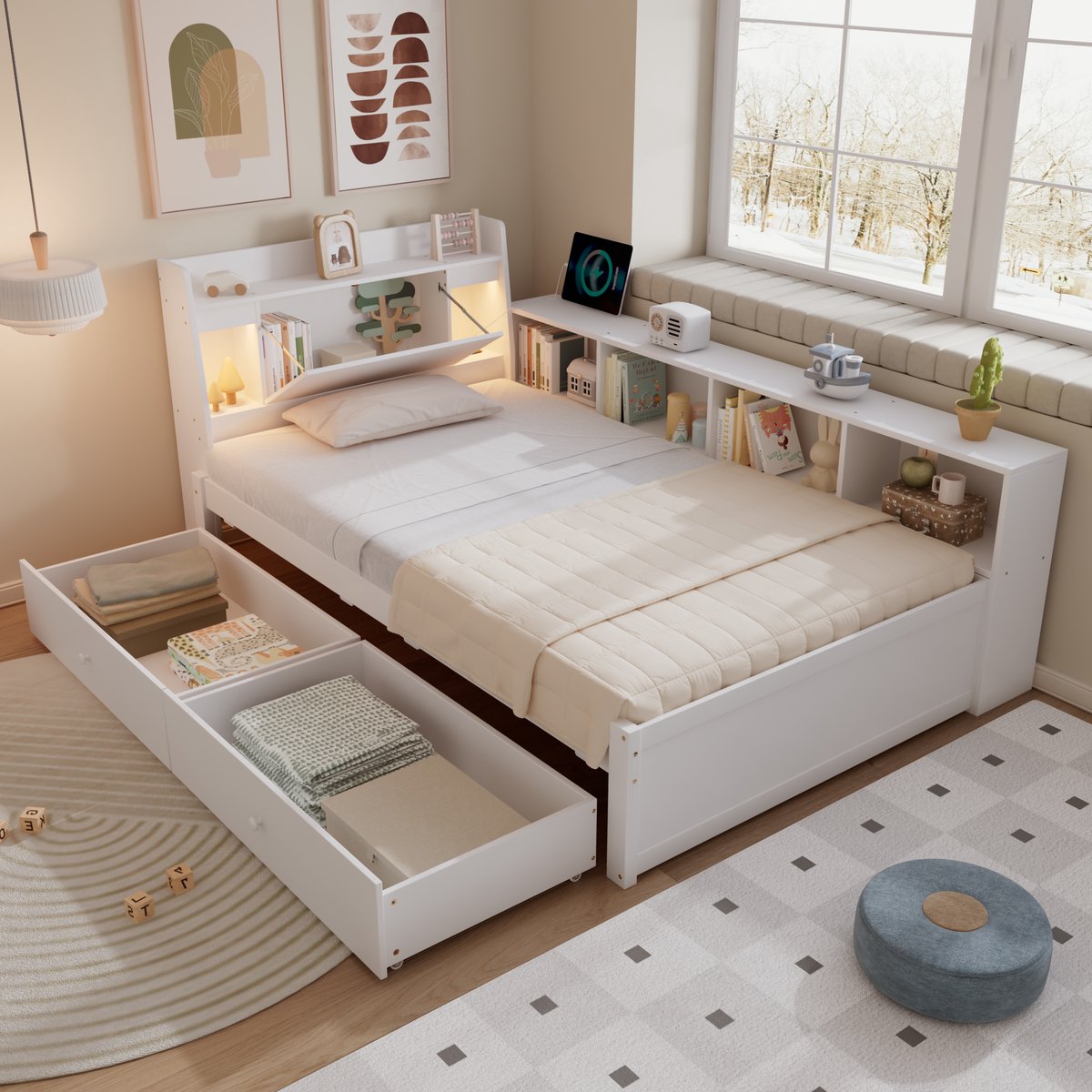 Eenpersoonsbed - paneelbed - hoofdeinde met opbergruimte + 2 lampjes - met oplaadpunt - opbergkast en lade aan de zijkant - grenenhout + spaanplaat + MDF - wit - 90 x 200 cm