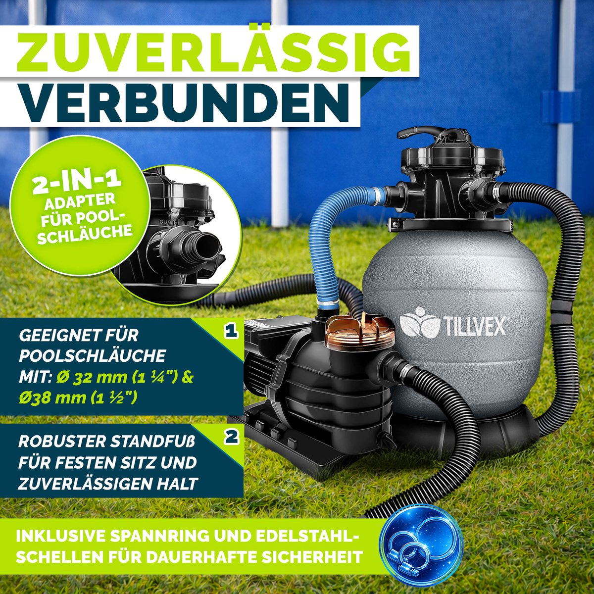 tillvex Zandfiltersysteem 13.200L/h tot 40.000L + 1200g Filterkogels | Zandfilterinstallatie 7-weg ventiel & Adapter Ø32-38mm | Zwembadfilter met drukweergave | Zandfilter zwembad (Grijs) – foto 3