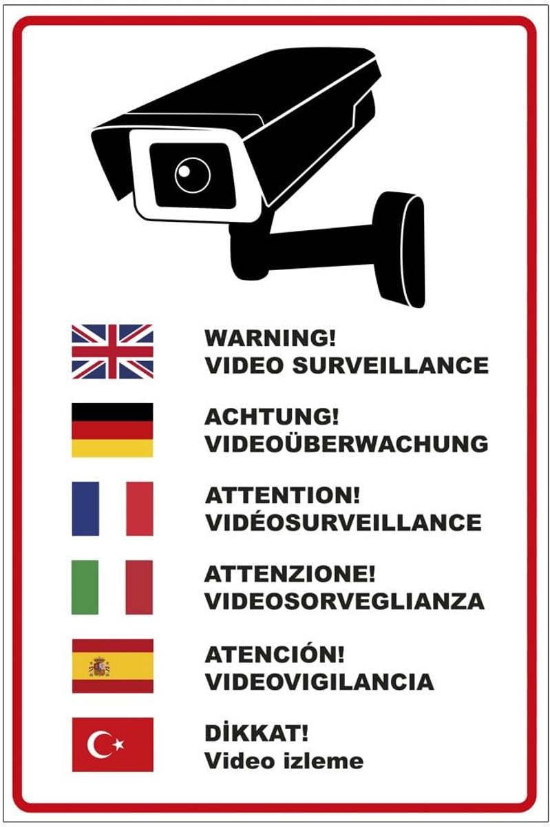Waarschuwingsbord Videobewaking - Attentie Bord - Beveiliging Thuis - Meertalige Tekst - 20x30 cm - Wit