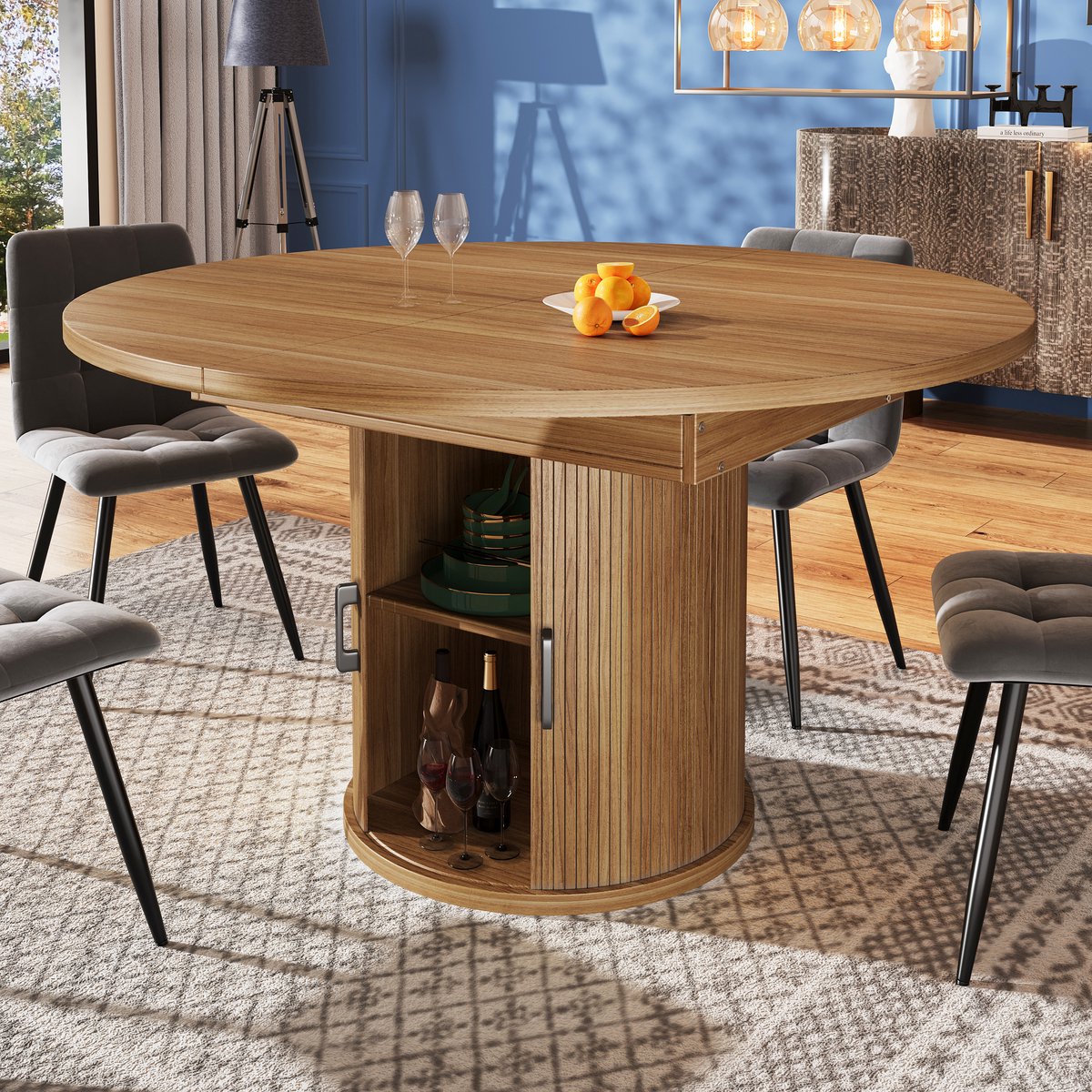 Wishdor Eettafel - Uitschuifbaar Met Opbergruimte - Retro - Voor Eetkamer - MDF - Walnootkleur - 118-158 X 118 X 76,8 Cm Notenhout