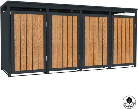 Vierkant, antraciet grijs frame met vier houtlook deuren. Containerombouw zonder achtergrond.