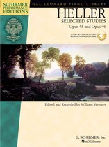 Boekcover met de titel Heller: Selected Studies Opus 45 and Opus 46. Een schilderachtig landschap met bomen en een rivier.