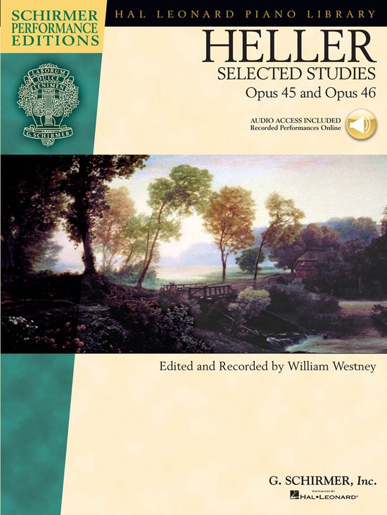Boekcover met de titel Heller: Selected Studies Opus 45 and Opus 46. Een schilderachtig landschap met bomen en een rivier.