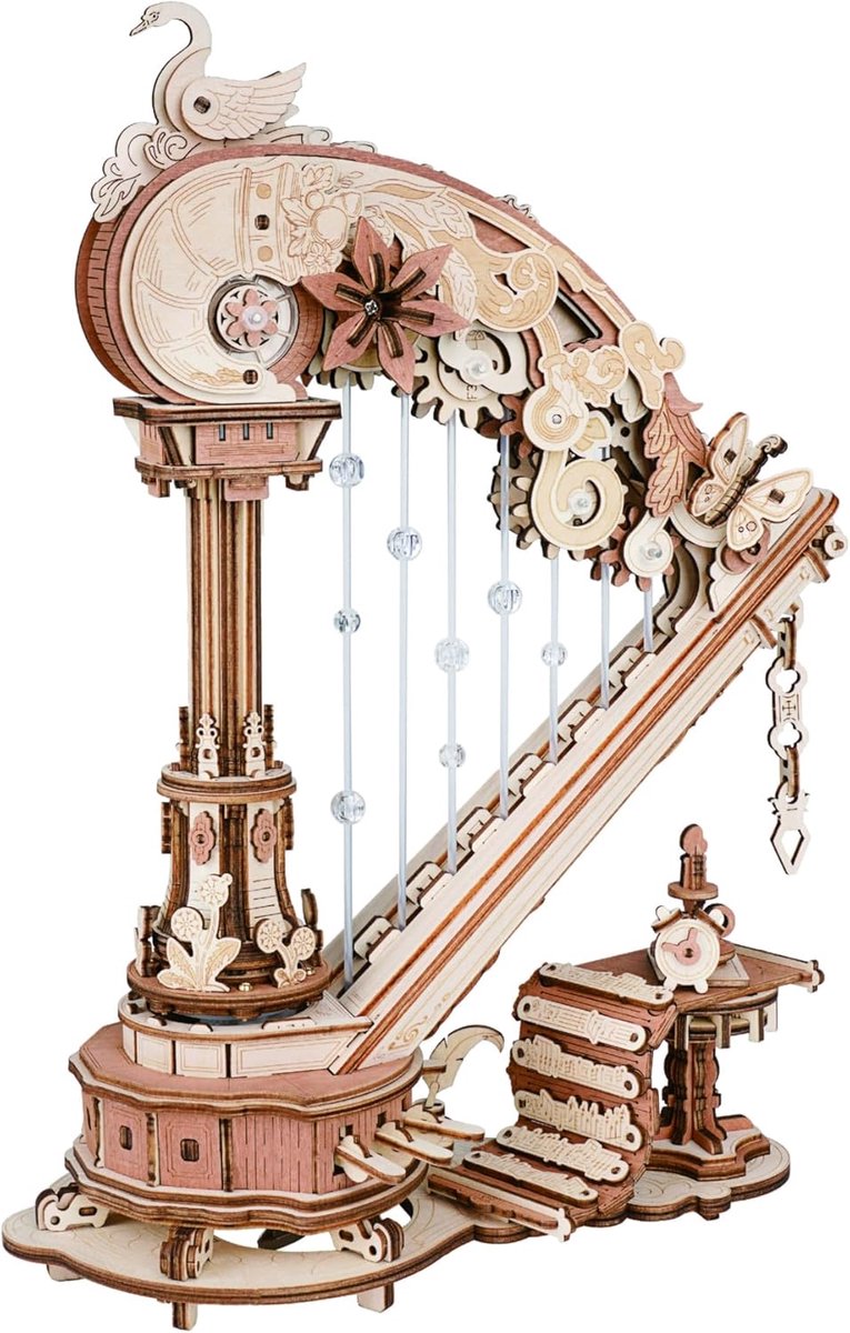 Houten Harp Puzzel - Muziekdoos Modelbouw - Ontspannend Knutselen - Werkend Mechanisme - 20x28.5x0.1 cm - Natuurlijk Hout