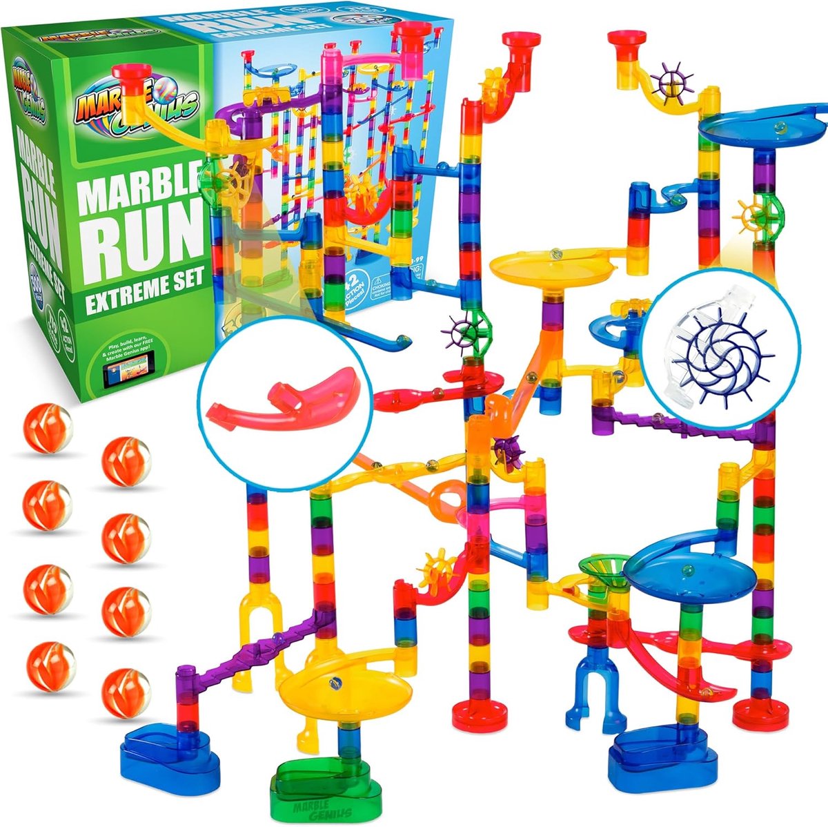 Knikkerbaan 300 Stukken - Doolhof Spel - Educatief Spelen - Inclusief Glazen Knikkers - 44.8 cm Hoog - Doorschijnend