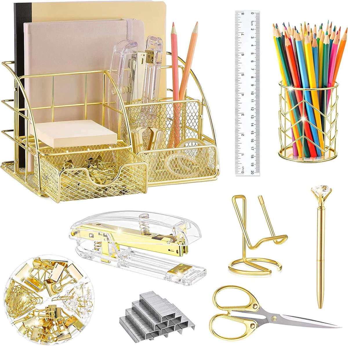 Bureau Organizer Set - Kantoor Accessoires - Bureau Opruimen - Compleet Metaal - 15x15x18 cm - Goud