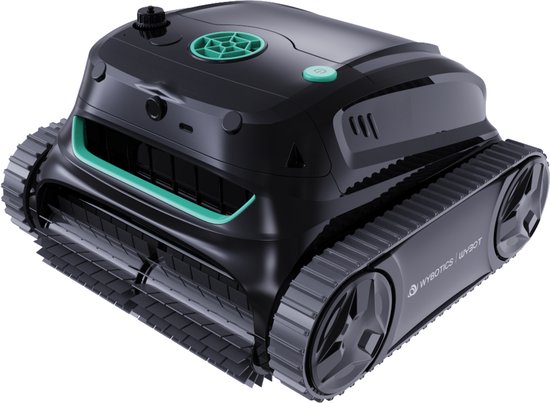 Zwarte zwembadrobot met groene accenten en rupsbanden, op een witte achtergrond.