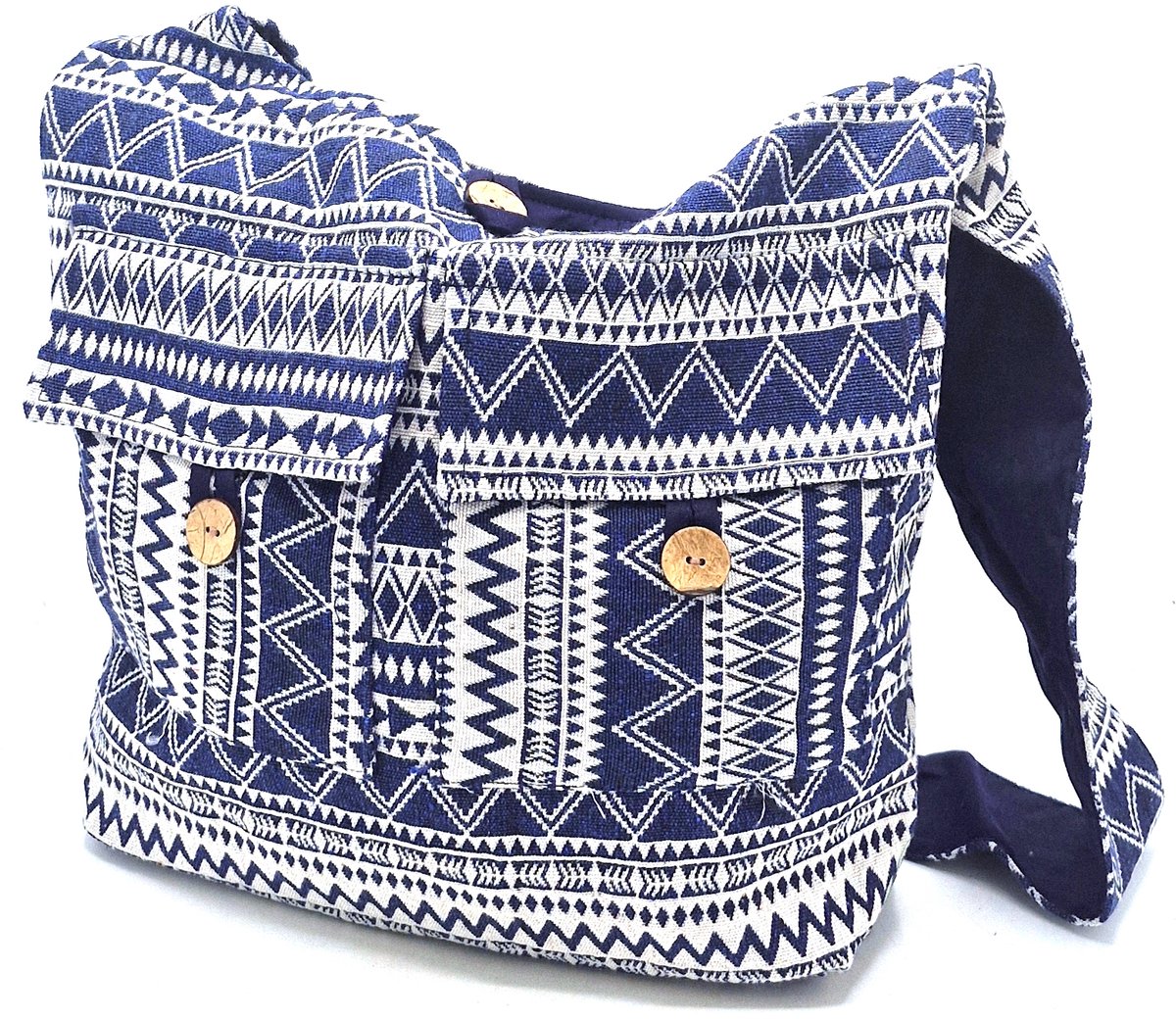 Boutique Trukado - Hobotas Geweven Stof met Etnisch Patroon Jeansblauw-wit - (bxhxd) ca. 37cm x 33cm x 10cm