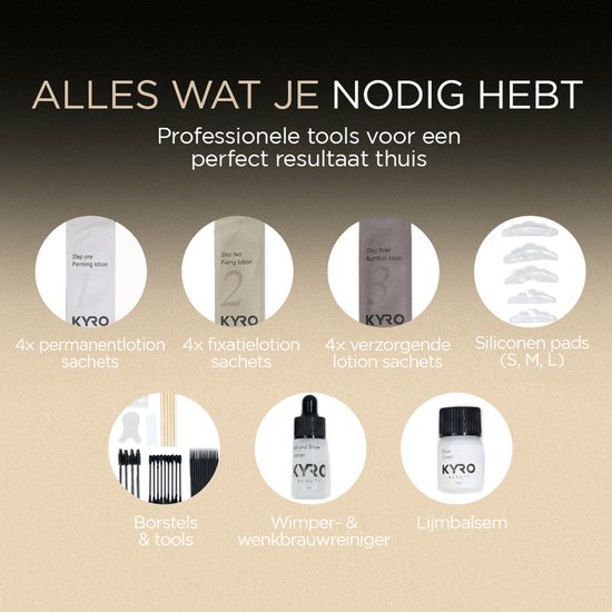 Inhoud van de KYRO Beauty Lash Lift Kit: lotions, siliconen pads, borstels, reiniger en lijm.
