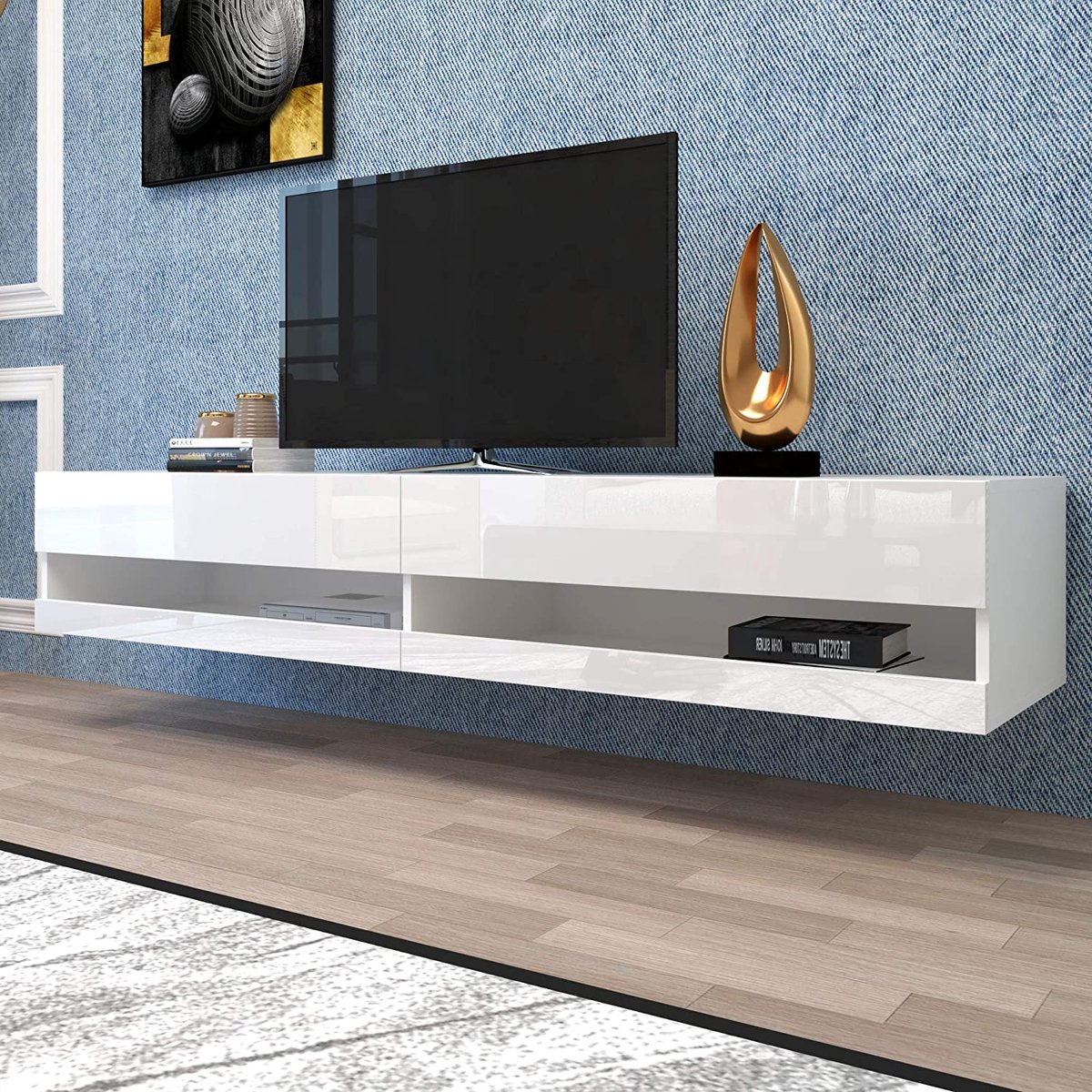 MODENUIT Tv-meubel - Wandhangend Met Ledverlichting En Opbergruimte - Voor Woonkamer - MDF Wit - 140x40x30,5 cm