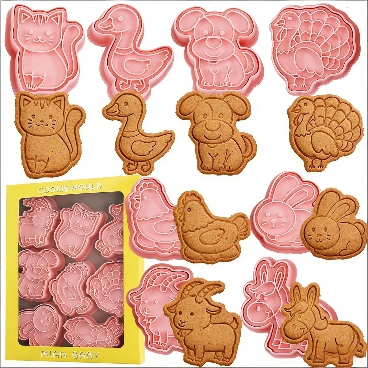 Koekjesvorm Set - Bakvormen Dieren - Kinderen Bakken - 8 Delige Set - Roze