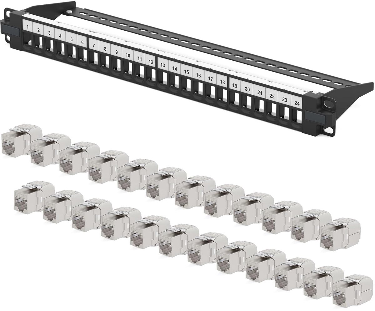 Netwerk Patchpaneel - 24 Poorts Patchveld - Serverkast Montage - Inclusief 24 Keystone Modules - 19 Inch 1HE - Zwart
