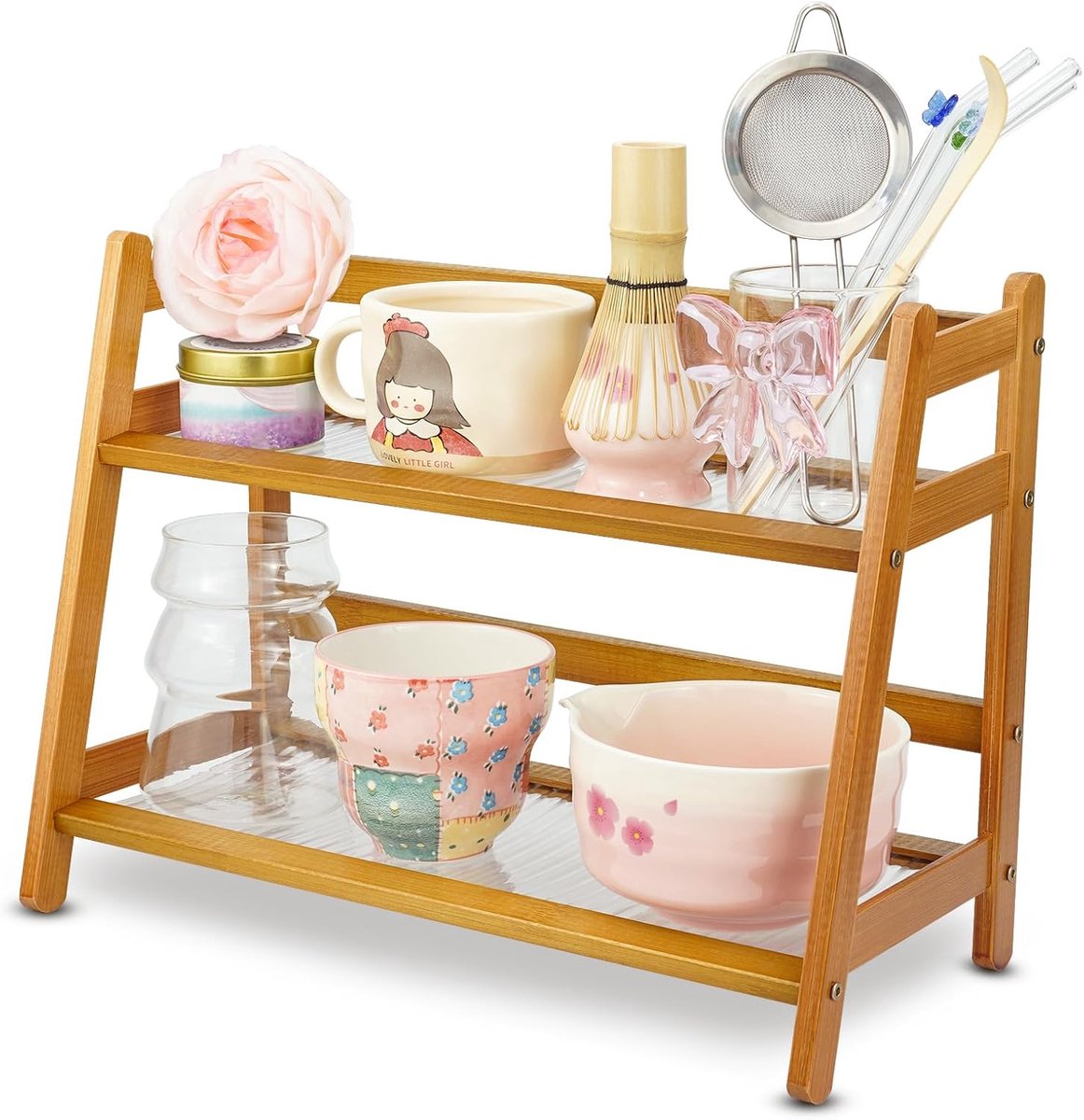 Bekerrek Bamboe - Thee Organiser - Keuken Werkblad - Twee Niveaus - 39x18x29 cm - Lichtbruin