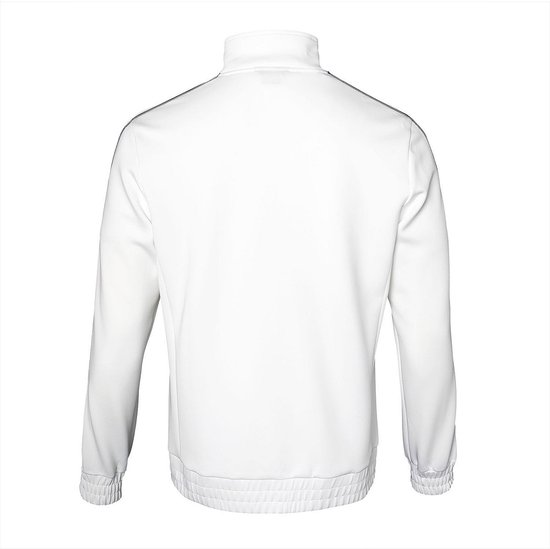 Arrière d'une veste d'entraînement blanche pour homme avec rayures vert foncé sur les manches.