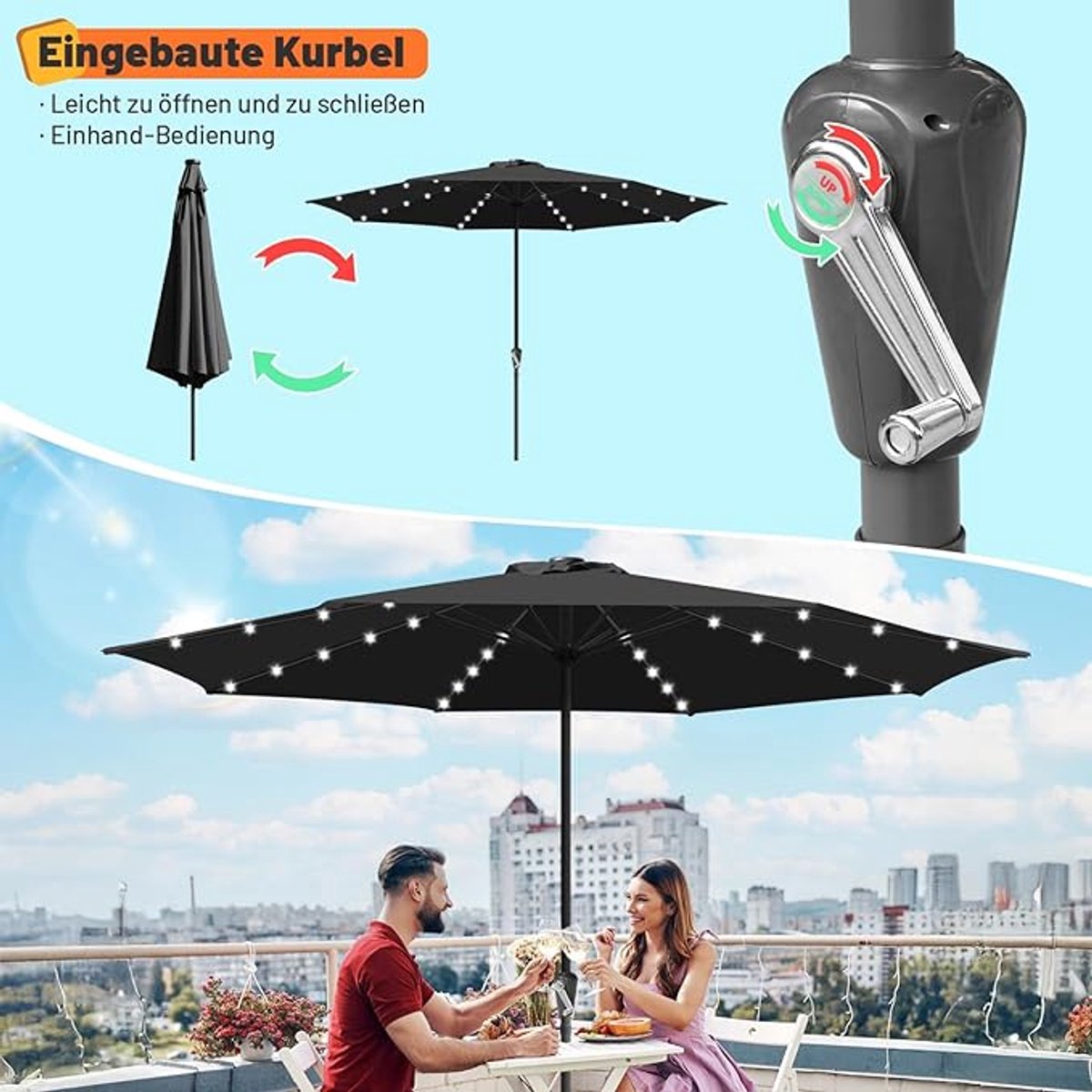 Tuinparasol Bellavero 350 cm Ø – Zonne-energie LED Parasol – UV-bescherming 50+ – Kantelbaar & Zwengel – Waterafstotend – Balkon, Terras & Tuin