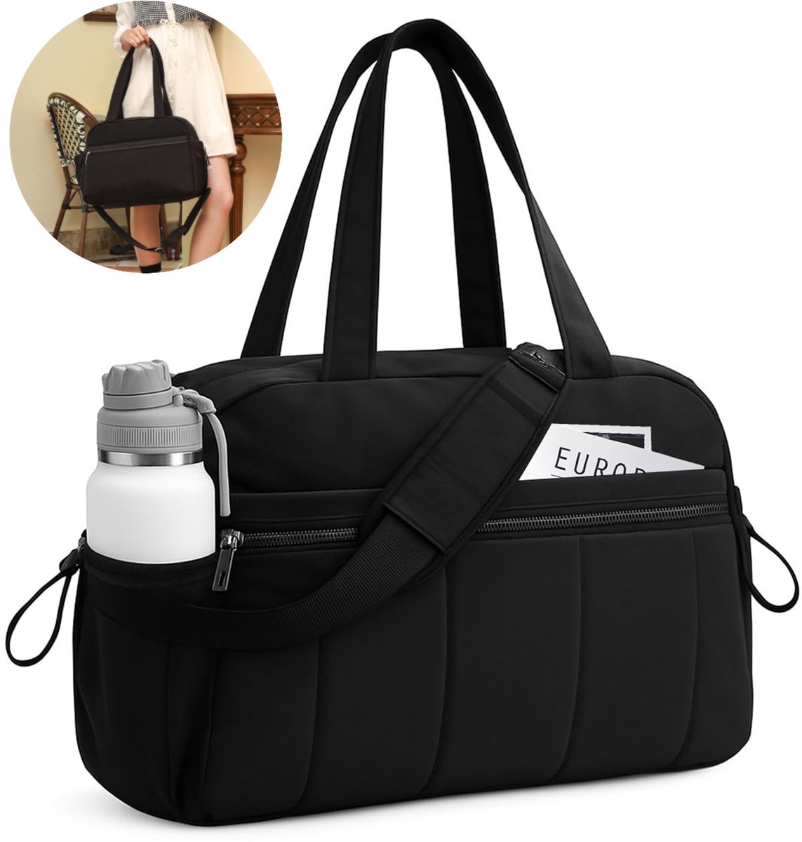 Zwart Lichtgewicht reisrugzak voor dames met waterdicht opbergvak, veelzijdige sporttas, weekendtas en yogatas, ideaal voor sportkleding en handbagage