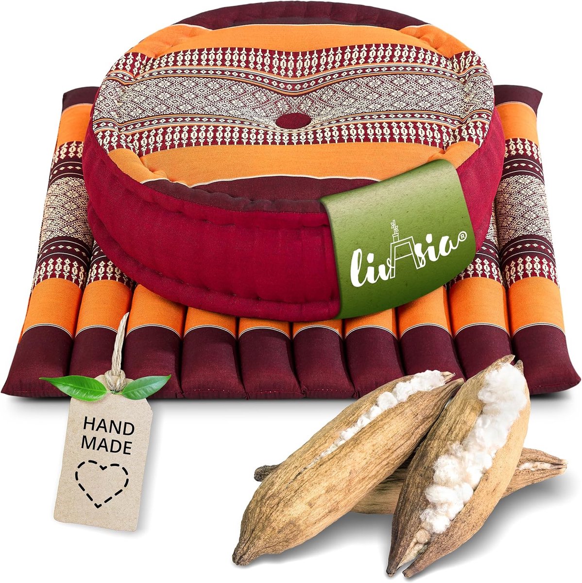 Meditatie Set - Yoga Kussen Mat - Ontspannen Zitten - 100% Kapok Vulling - Ø 38x15cm Mat 50x50cm - Oranje