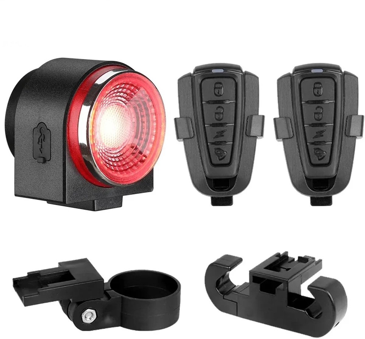 BlueTime - Fietsachterlicht met Alarm – USB oplaadbaar – Slim Remlicht – IP65 waterdicht - Inclusief 2 Afstandsbedieningen - Fietsalarm met afstandsbediening - Fietsalarm - Scooter alarm