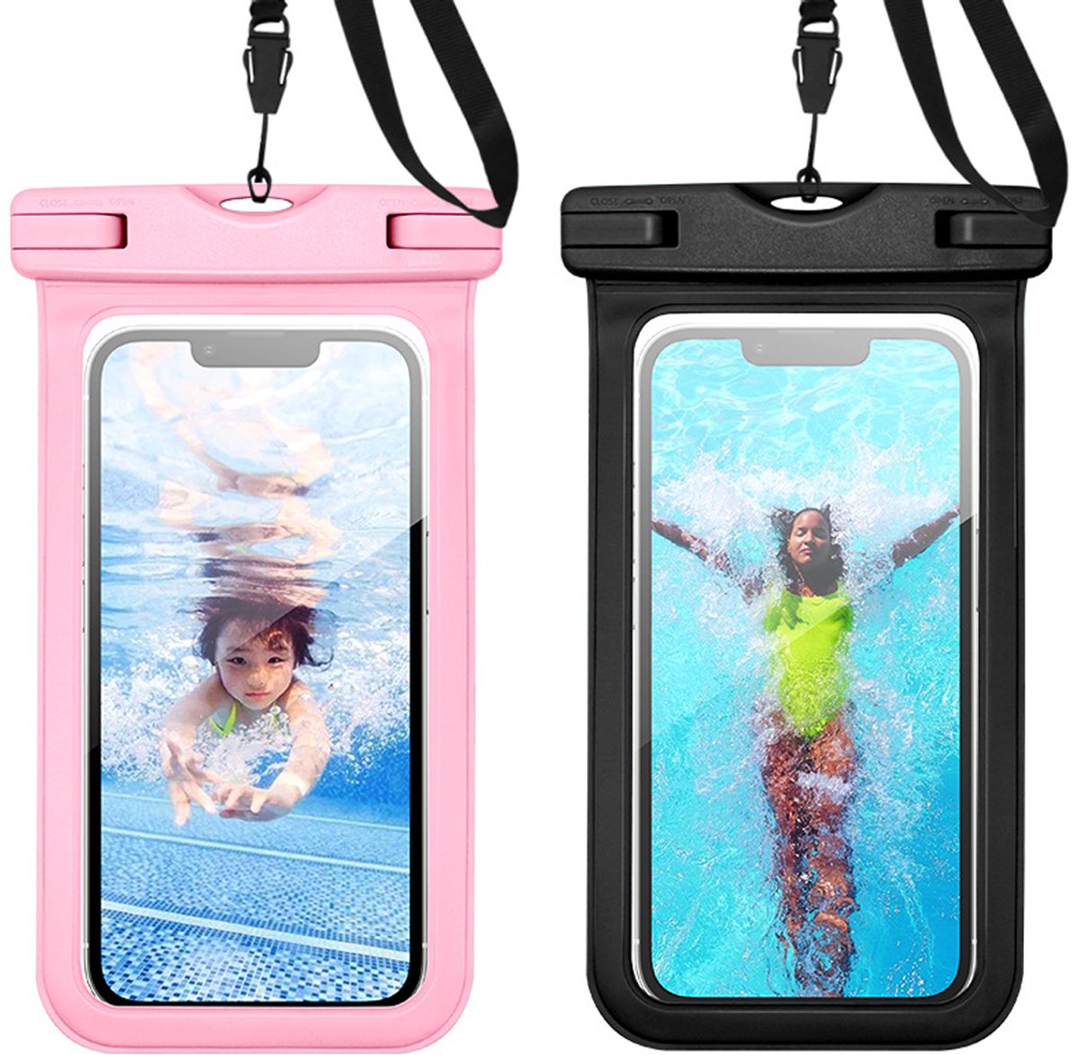 Waterdichte Telefoonhoes - PVC, touchscreen duikhoes - Waterbestendig met nekkoord - Bescherming bij zwemmen en regen - Voor vrouwen en mannen - Zwart+Roze - 20x10,5cm - 1 stuk