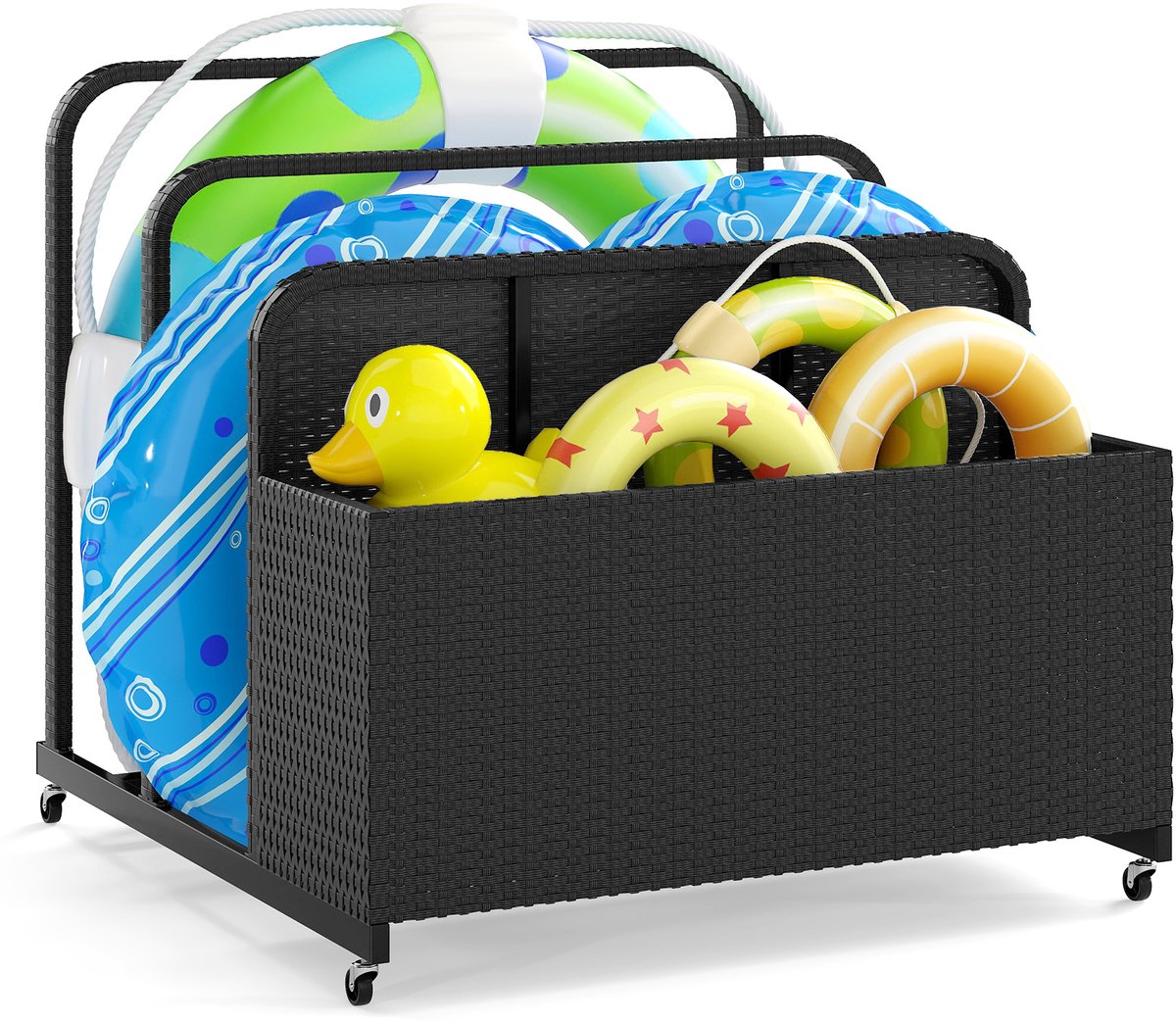 COSTWAY Zwembadopbergmand met wieltjes, PE rotan opbergdoos, opbergdoos voor zwemhulpen, kussens, reddingsvesten, strandballen (zwart)