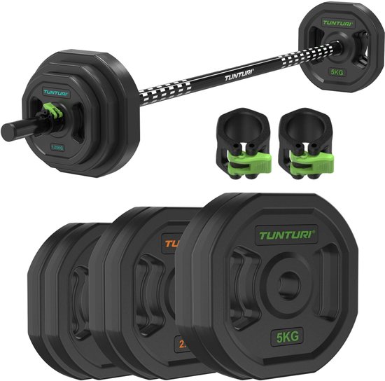 Tunturi Aerobic Pump Gewichtenset 20kg - Halterset van rubber - Incl. halterstang met 6 schijven - Barbell set - Incl. gratis fitnessapp