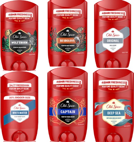 Zes Old Spice deodorantsticks in rood met diverse geuren: Wolfthorn, Bearglove, Original, Whitewater, Captain en Deep Sea.