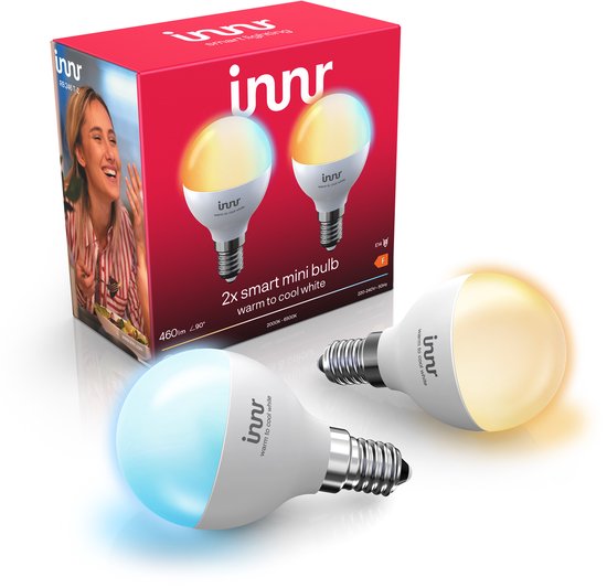 Innr Zigbee E14 slimme kogellamp, geschikt voor Philips Hue, Warmwit tot Koelwit, dimbaar, 460 lumen, 2-Pack