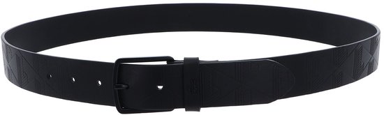 Ceinture noire avec imprimé géométrique en relief et boucle noire, en gros plan.