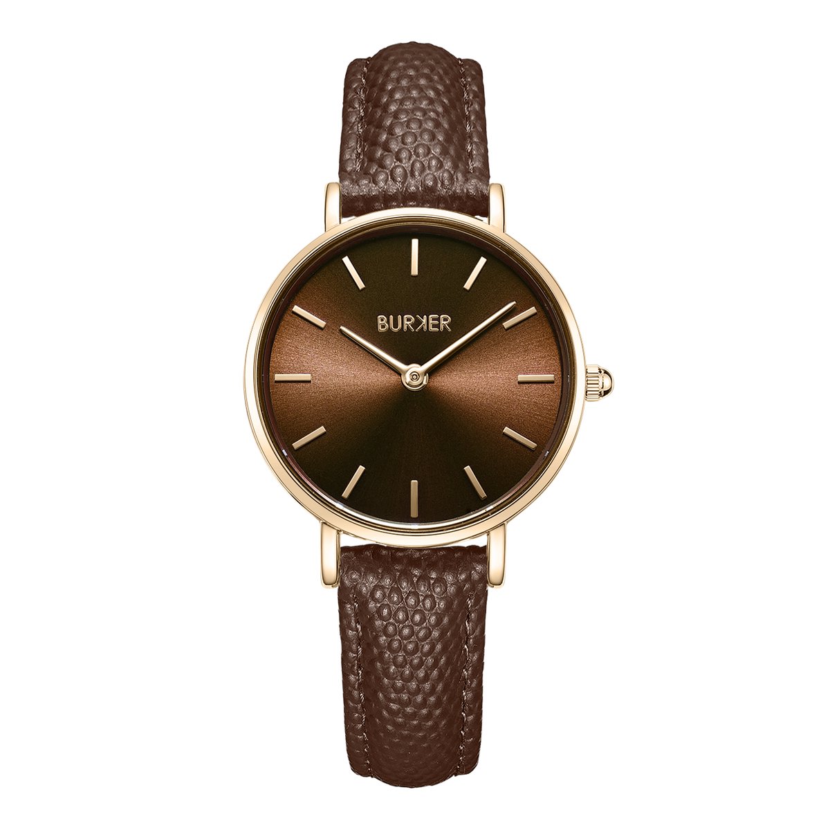 BURKER Ruby Petite Horloge Dames - Rond - Goud Bruin - Bruin - Leren Band - 28 mm