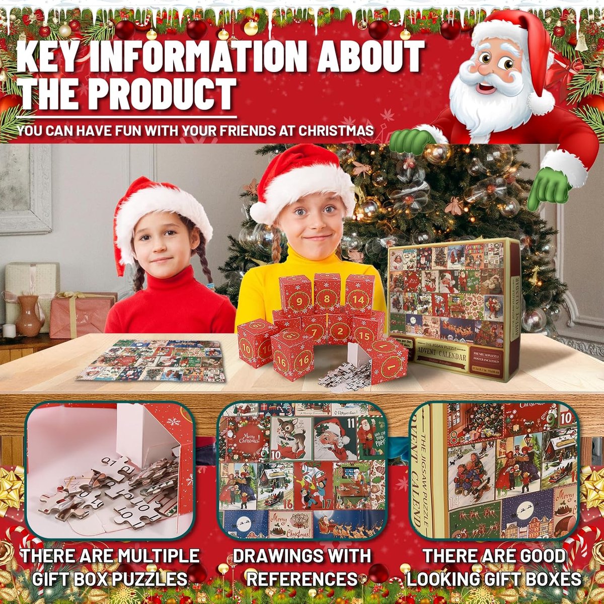 Kerstadventskalenderpuzzels, 24 Dozen 1000st Puzzels voor Het Aftellen van Kerstmis, Woondecoratie, Kinderen, Volwassenen, Geschenken