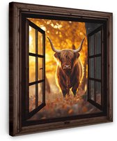 Tuinschilderij voor buiten 70x70 cm - Tuindecoratie Schotse hooglander - Bos - Herfst - Dieren - Natuur - Bladeren - Doorkijk - Tuinposter op canvas - Tuin muurdecoratie - Buitenschilderij decoratie - Schutting wanddecoratie - Buitencanvas