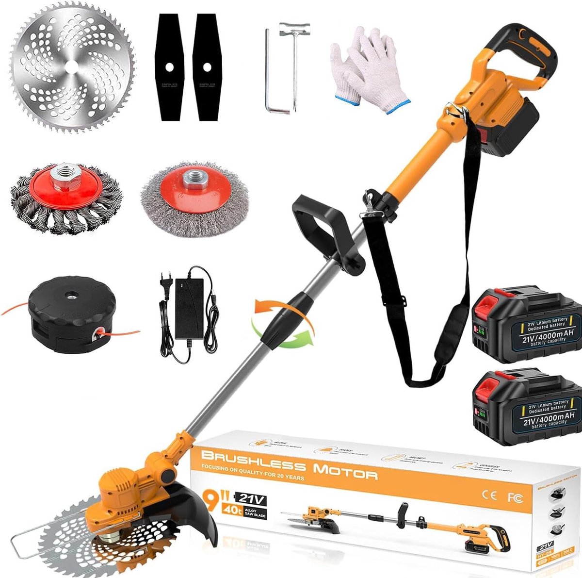 Traumheim Accu Grasmaaier - Elektrische Grastrimmer met 2x 4.0Ah Accu & Lader - Onkruidwieder voor Tuinonderhoud - Inclusief Onkruidborstel & Voegenborstel - 750W Accu Grasmaaier - Oranje