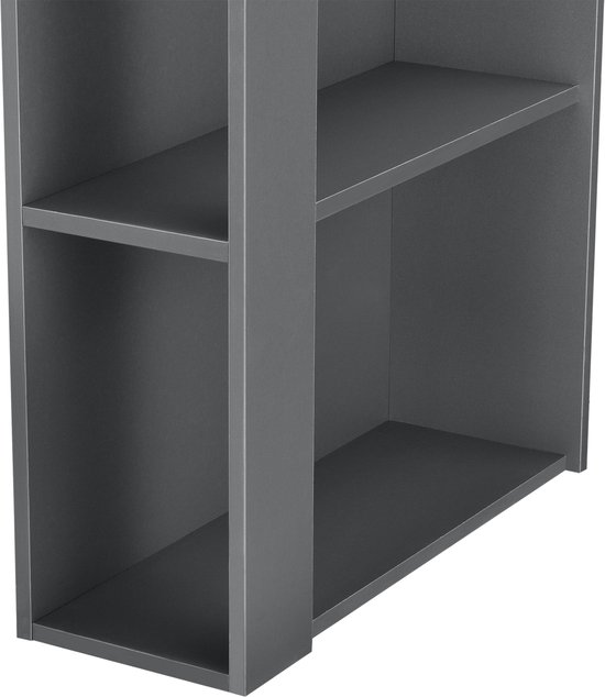 Detail van de donkergrijze open vakkenkast van de bartafel, met zichtbare planken.