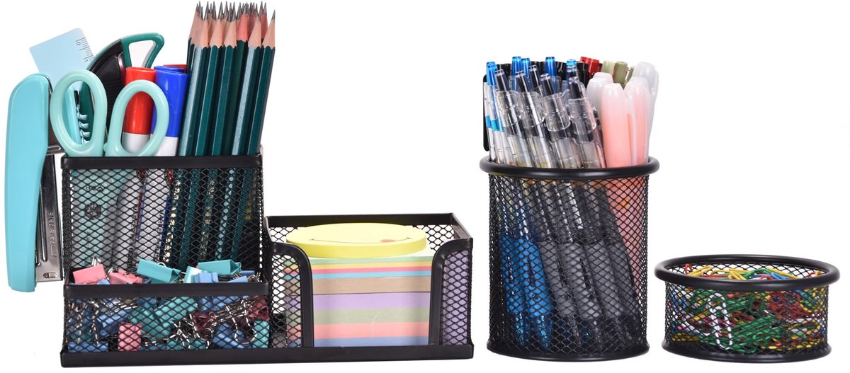 Bureau-organizer - Van gaas - Met 3 pennenbakjes, vak voor plaknotities, pennenbeker en paperclipbeker
