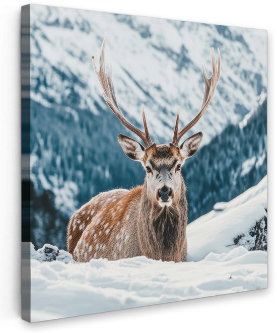 Tableau jardin extérieur 80x80 cm - Décoration de jardin Cerf - Paysage - Hiver - Nature - Animaux - Montagnes - Poster jardin sur toile - Décoration murale Jardin - Décoration tableau extérieur - Décoration murale clôture - Toile extérieur