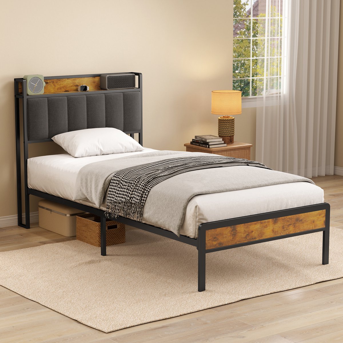 Xbro Bed 90 x 200 cm met Hoofdbord en Metalen Bedbodem, Eenpersoonsbed met 35 cm Opbergruimte, Gemakkelijk te Monteren — cadeau in Cadeau-ideeën - foto 3