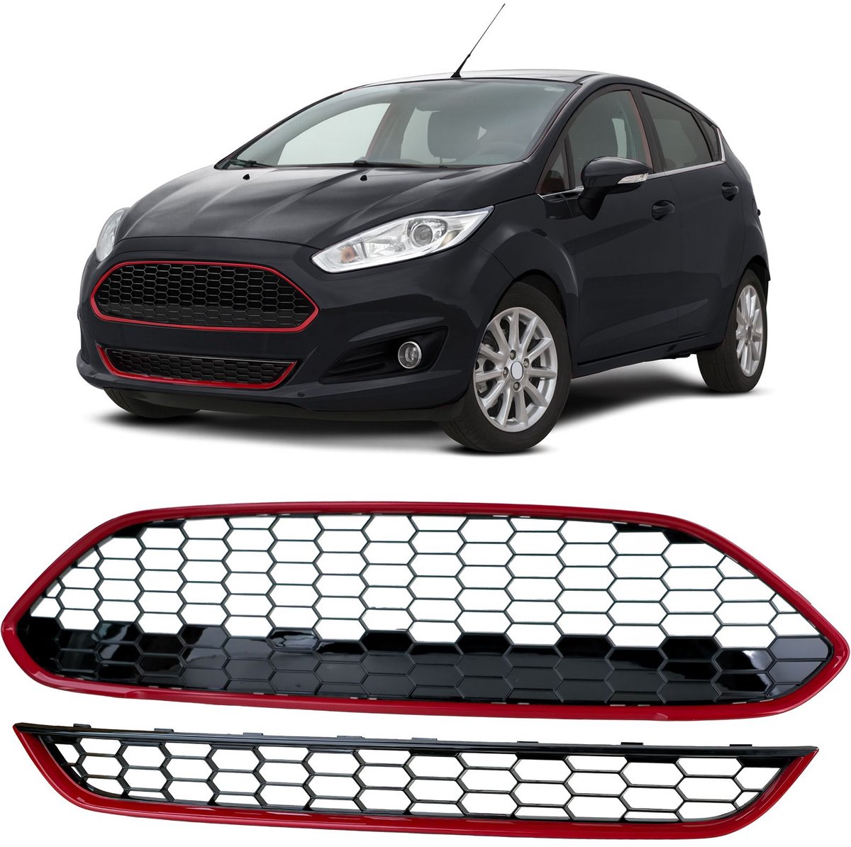 Grille ST Look Voor Ford Fiesta 2013 t/m 2017 Honingraat Design Rood Zwart Glans