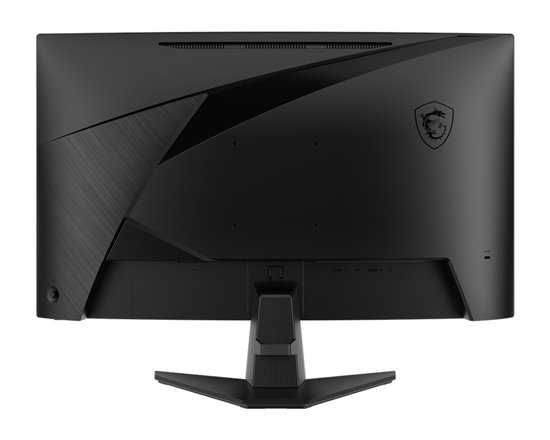 Achterkant van een zwarte MSI gaming monitor met een gestileerd, geometrisch patroon op de linkerhelft en het MSI-logo rechts.