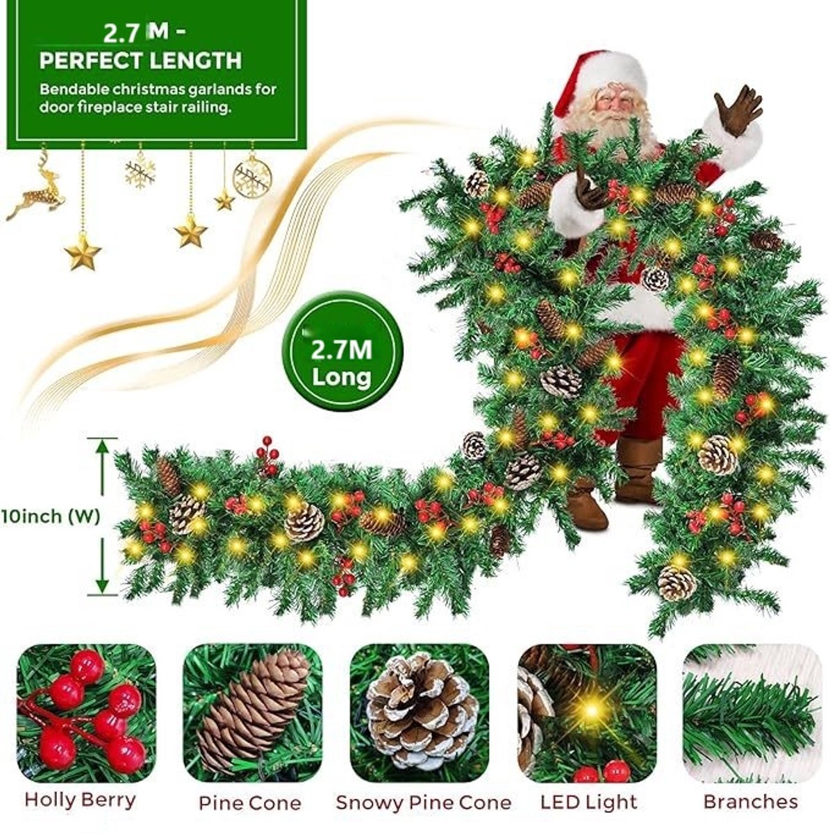 Kerstslinger, 2,7 m, kerstversiering, verlichte kunstdennenslinger met Kerstslinger, 2,7 m, kerstversiering, verlichte kunstdennenslinger met
