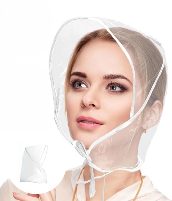 Vrouw met blonde haren draagt een transparant regenkapje met witte linten die gestrikt zijn onder de kin. Kleinere afbeelding toont het kapje opgevouwen.