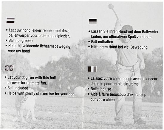 Een hond met een balwerper om mee te spelen in een grasveld.