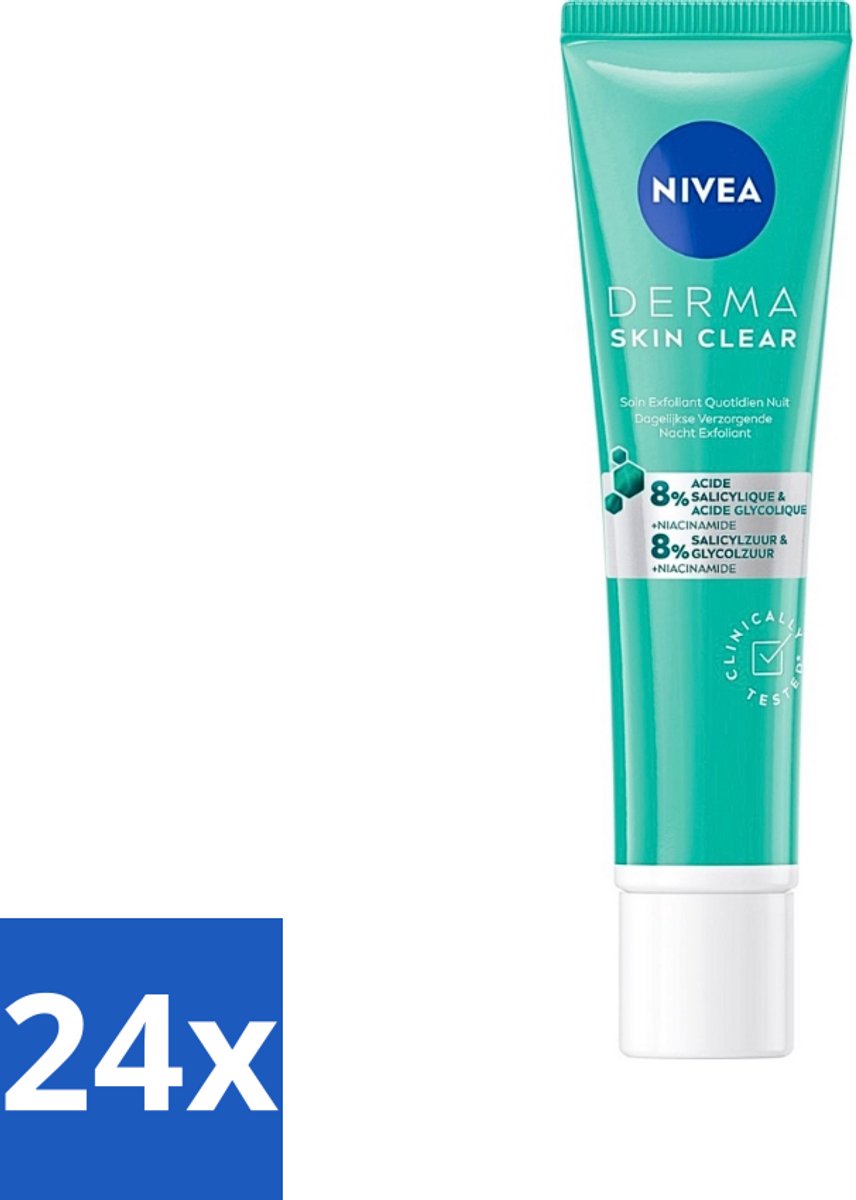 24 x NIVEA - Nacht Exfoliant - DERMA Huidzuiver Dagelijkse Verzorging - Met Salicylzuur (AHA), Glycolzuur & Niacinamide - Tegen Acne & Mee-eters - 40 ml - Nachtverzorging - Gezichtsverzorging - Acne Behandeling - Puistjes - Mee-eters