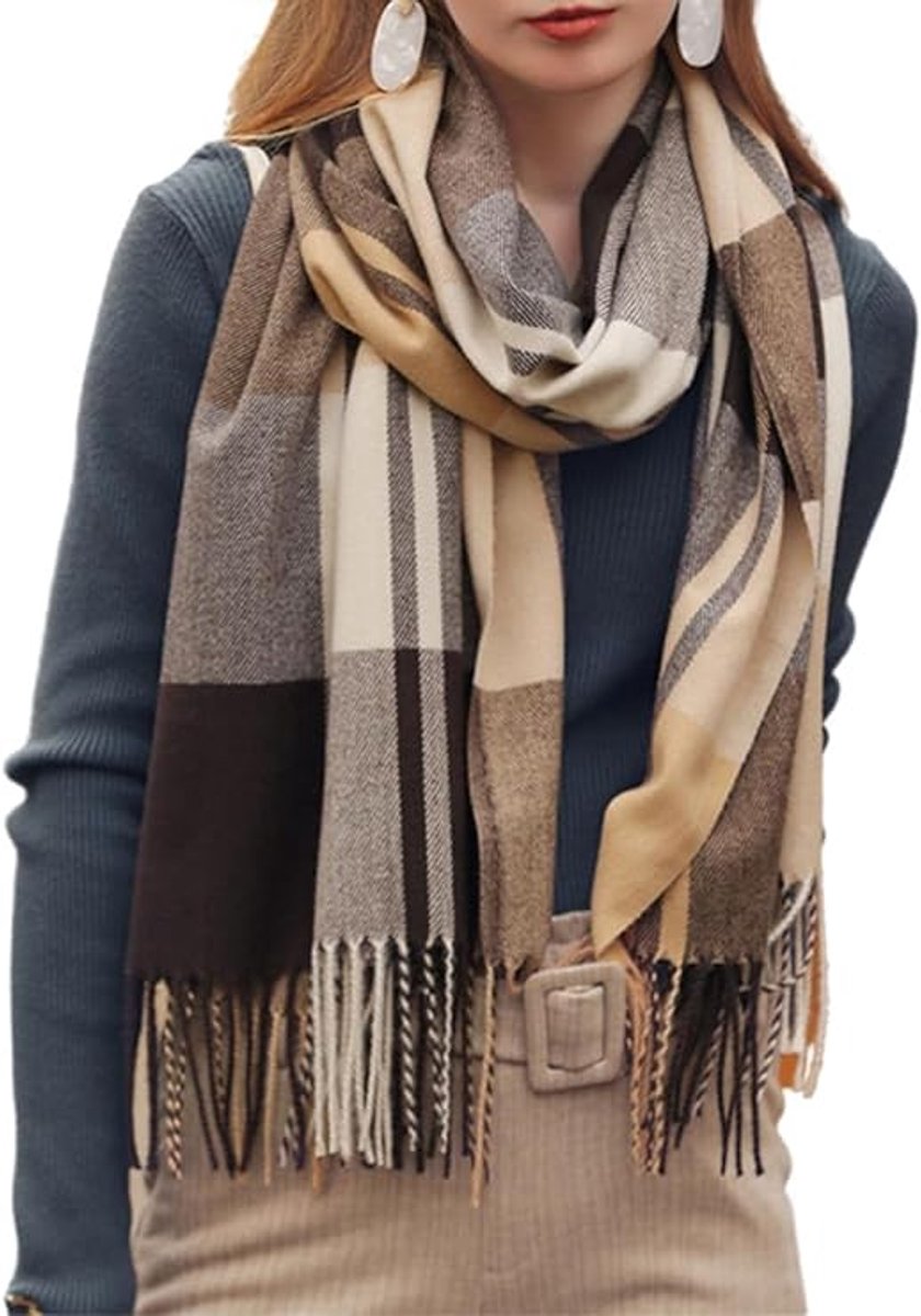 Sjaal, dames, winter, geruit, lang, zacht, kwastjes, kunstkasjmier, wikkeldoek , bruin