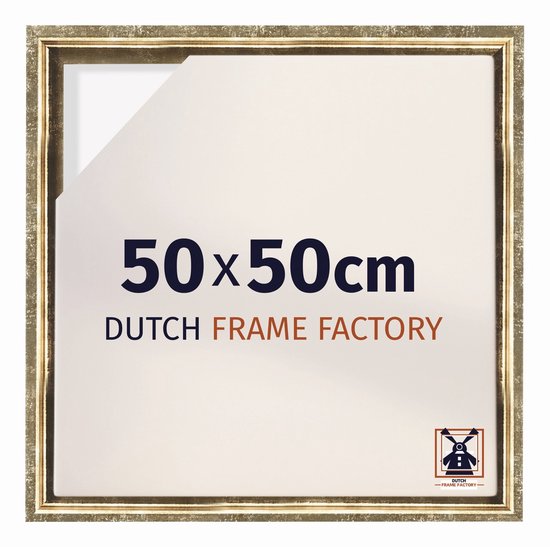Gouden antieke baklijst met een licht verweerd oppervlak, met de tekst '50x50cm DUTCH FRAME FACTORY'.